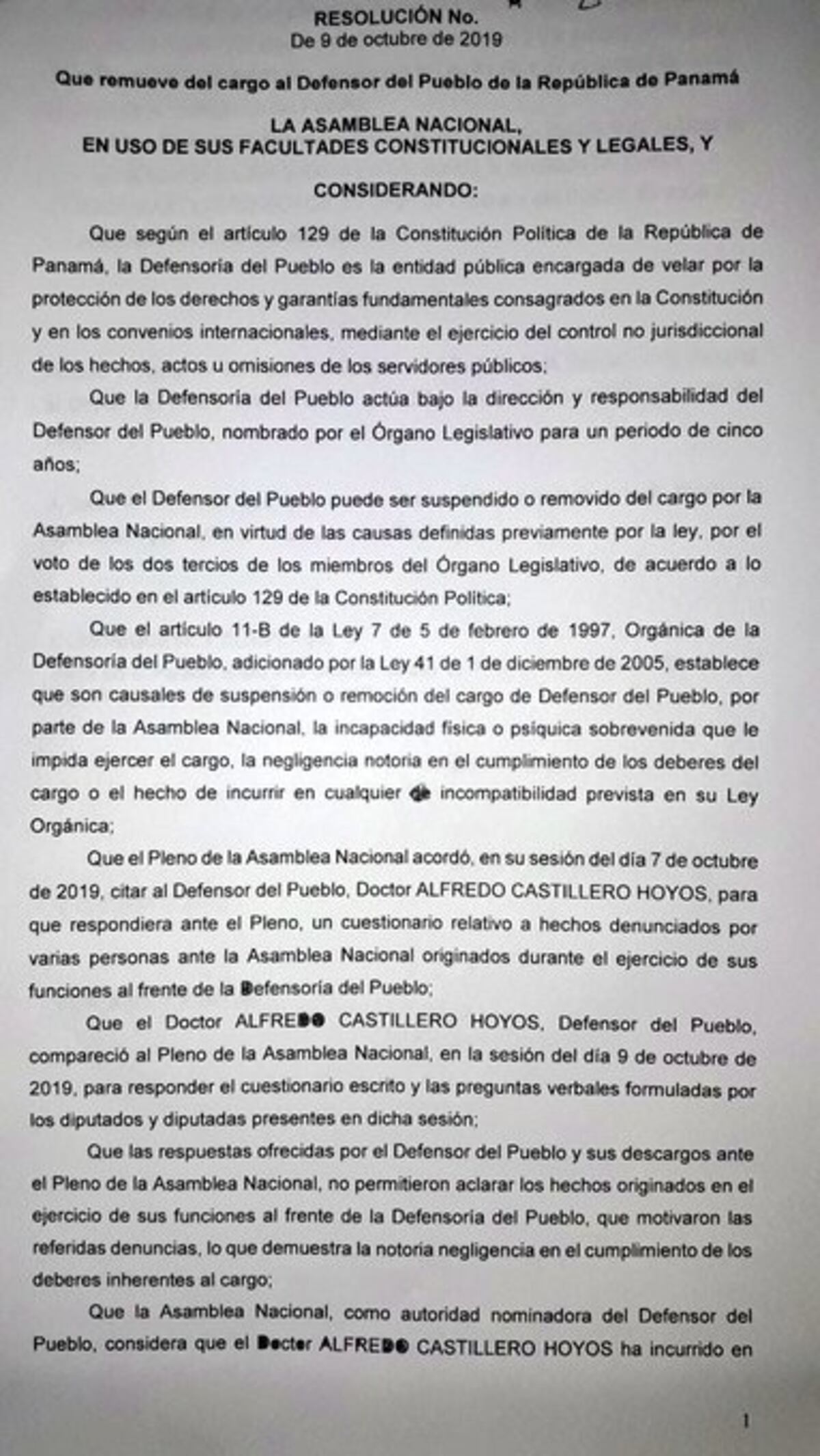 Pleno de la Asamblea destituye a Defensor del Pueblo, 'por negligente’