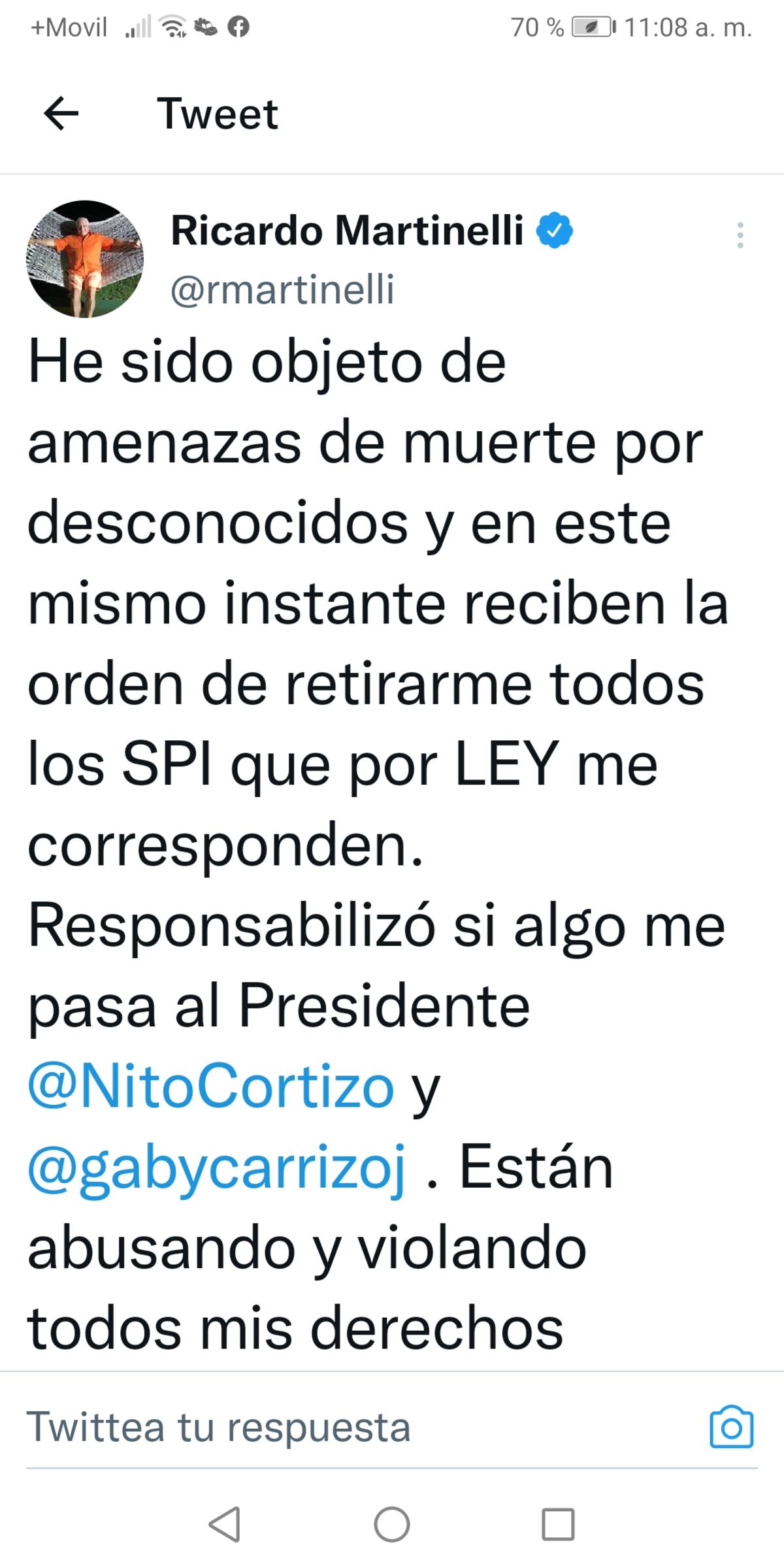 Martinelli acusa a Nito y Carrizo de retirarles sus escoltas