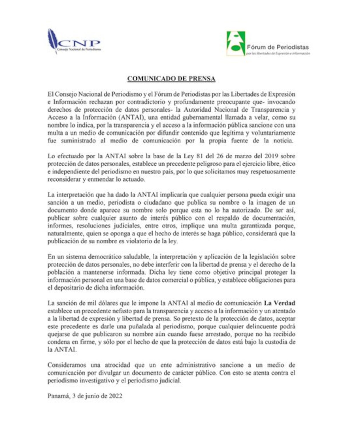 Consejo Nacional de Periodismo y el Fórum de Periodistas rechazan sanción a un medio de comunicación digital