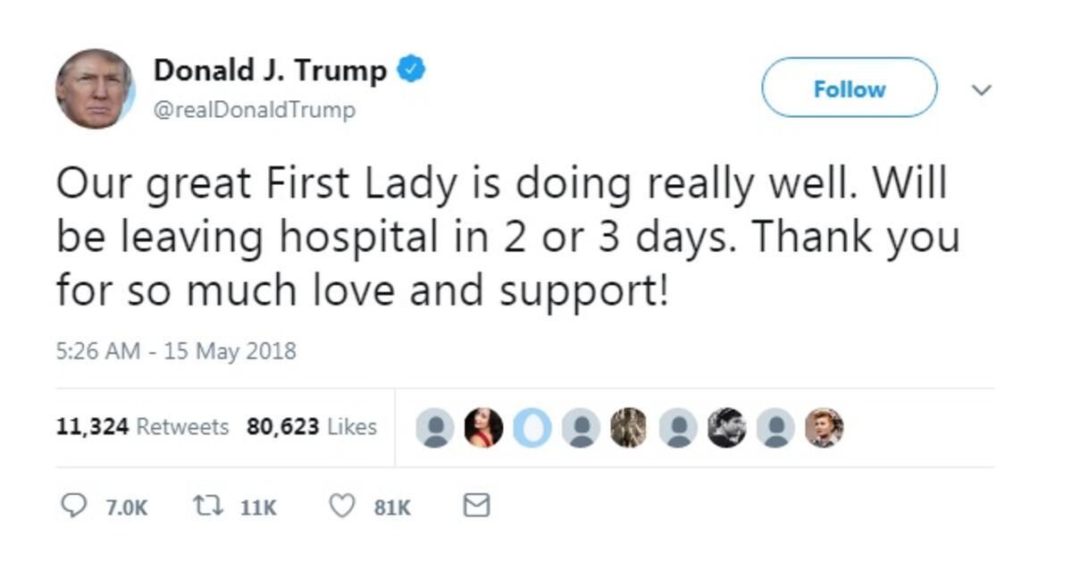 El presidente Donald Trump reveló el estado de salud de su esposa tras cirugía