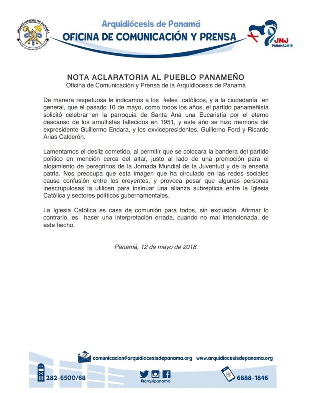 La Iglesia católica se desliga del panameñismo y lamenta el desliz político