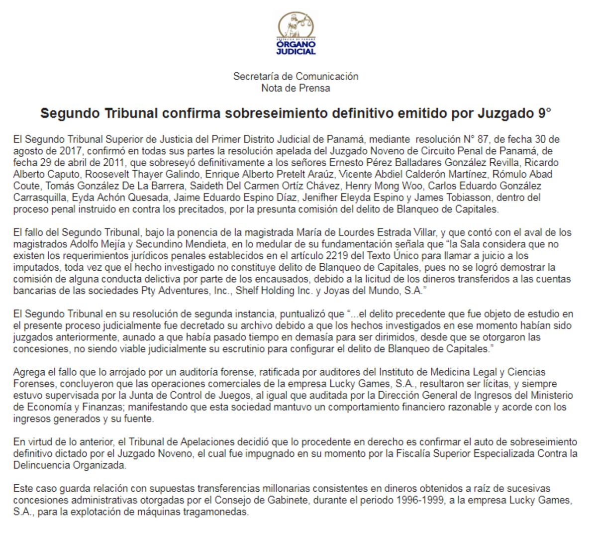 Segundo Tribunal confirma sobreseimiento definitivo a Pérez Balladares 