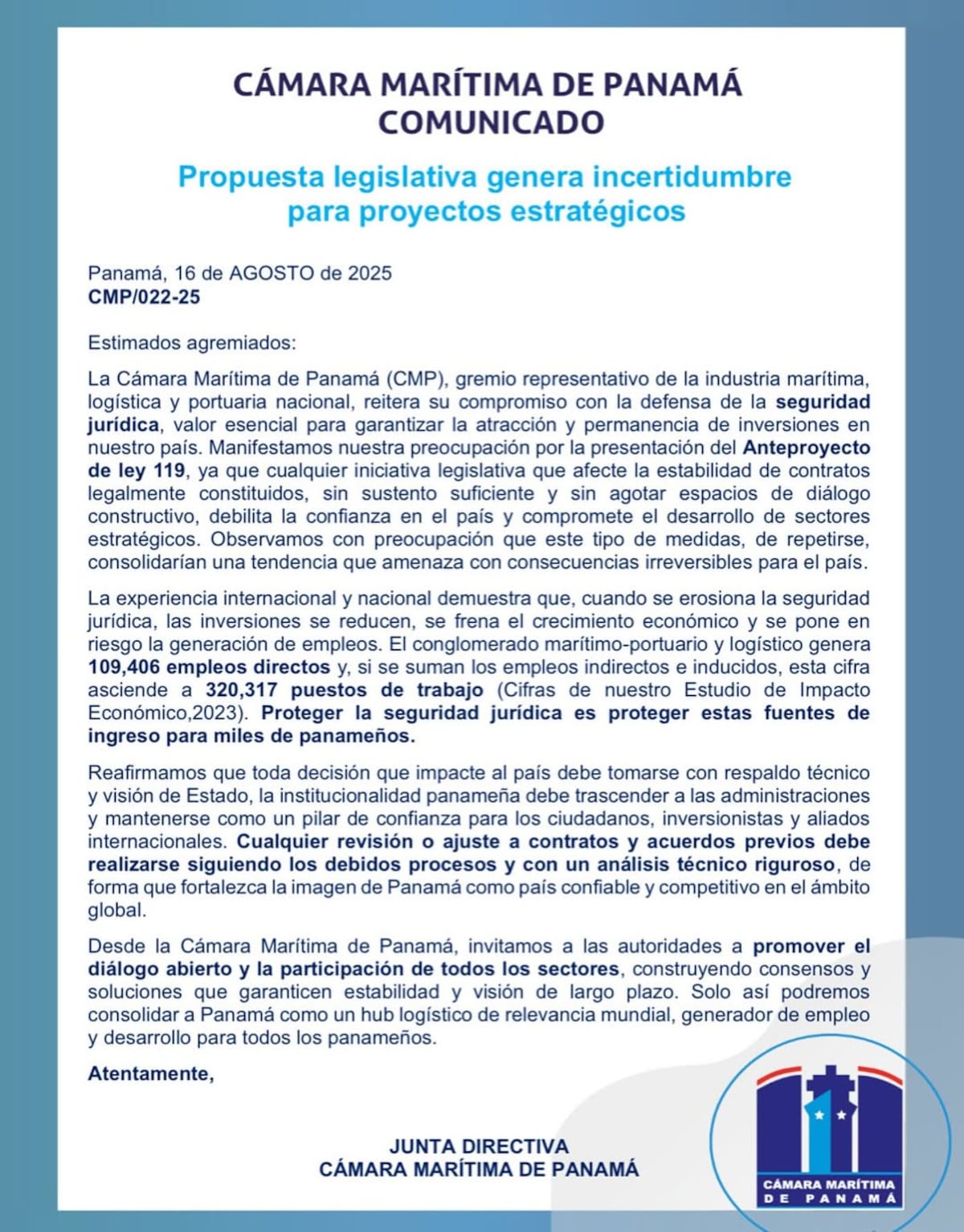 Cámara Marítima en pie de guerra: Ley 119 amenaza empleos y confianza en Panamá