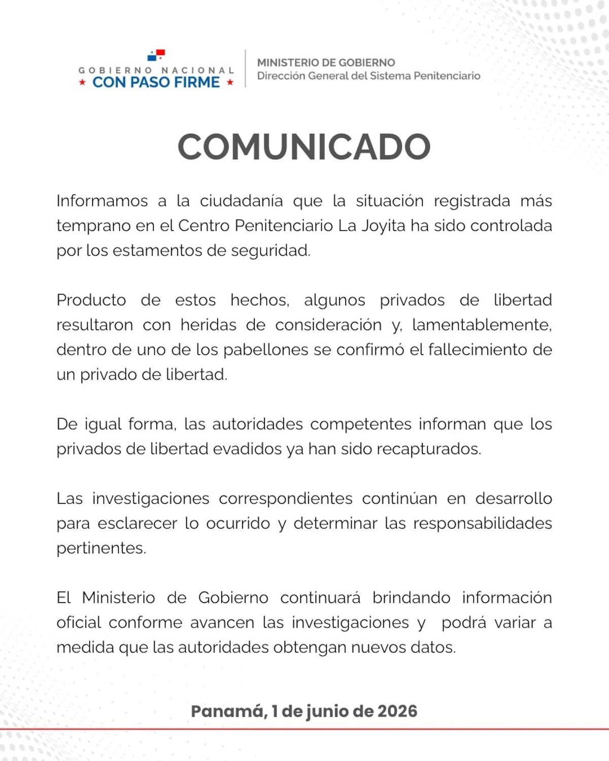 CONFIRMAN CONTROL EN LA JOYITA. Saldo: un fallecido, heridos y 34 evadidos recapturados