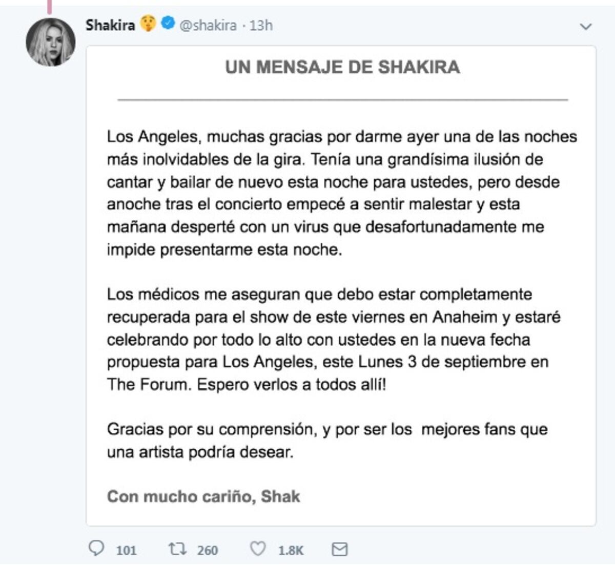 Shakira debe cancelar otra vez un concierto por un problema de salud