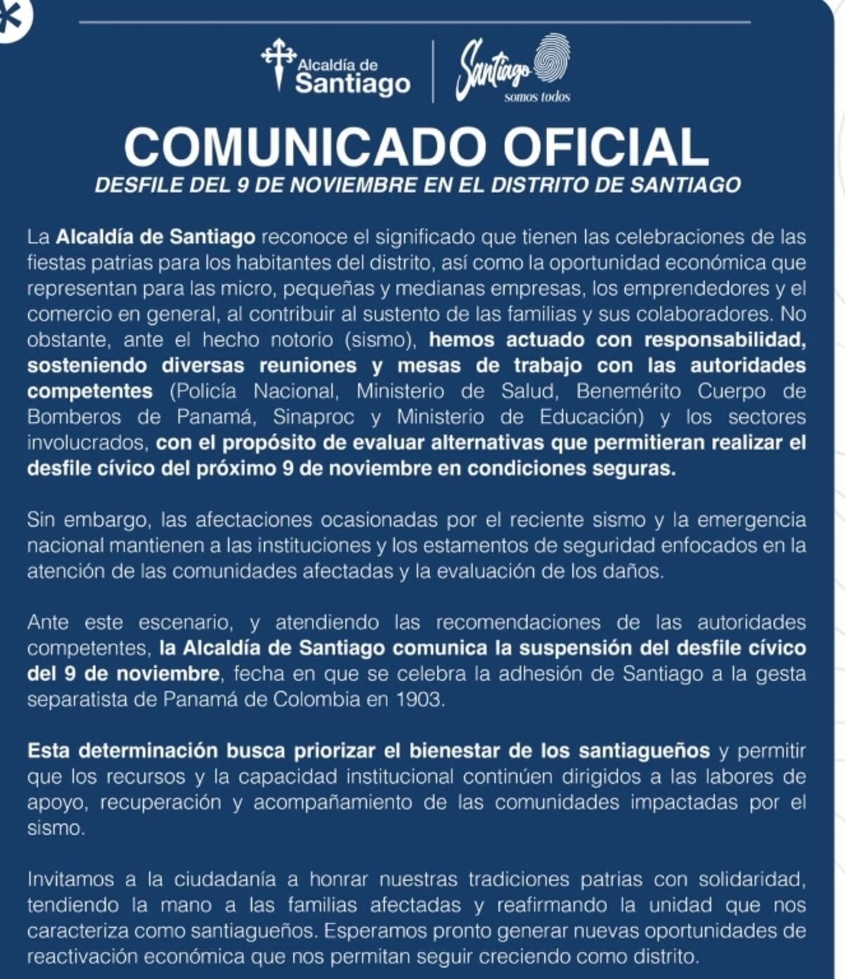 ¡Suspenden los desfiles del 9 de noviembre en Santiago!