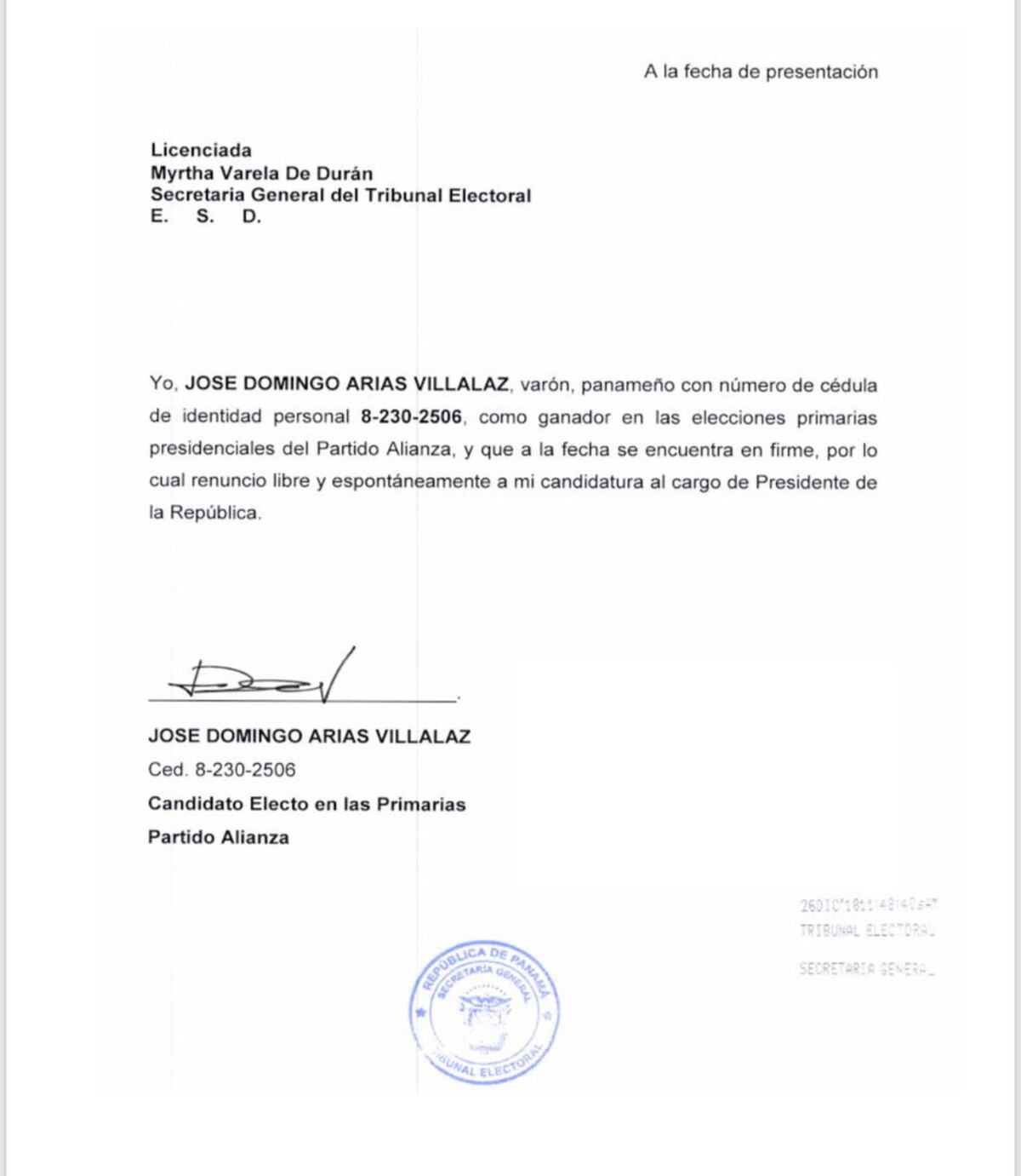 El candidato 'Mimito' Arias renuncia a la postulación presidencial