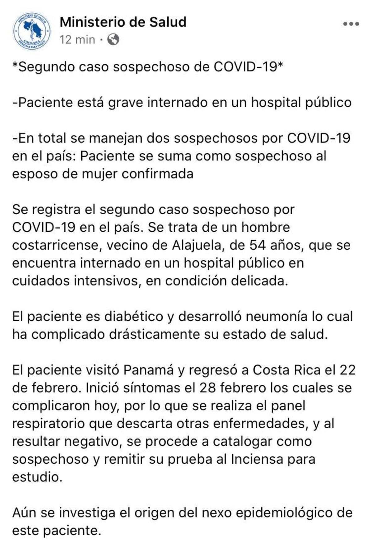 Un hombre sospechoso de Coronavirus en Costa Rica, estuvo de paso en Panamá, confirma la ministra de Salud