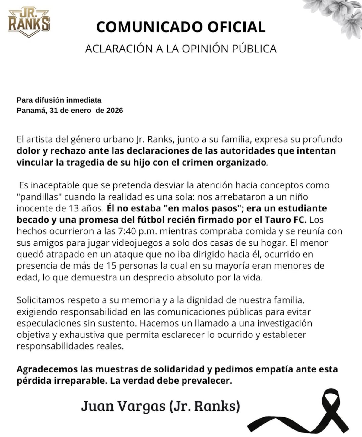‘Él no estaba en malos pasos’: familia de Jr. Ranks rechaza vínculos con pandillas tras crimen de su hijo
