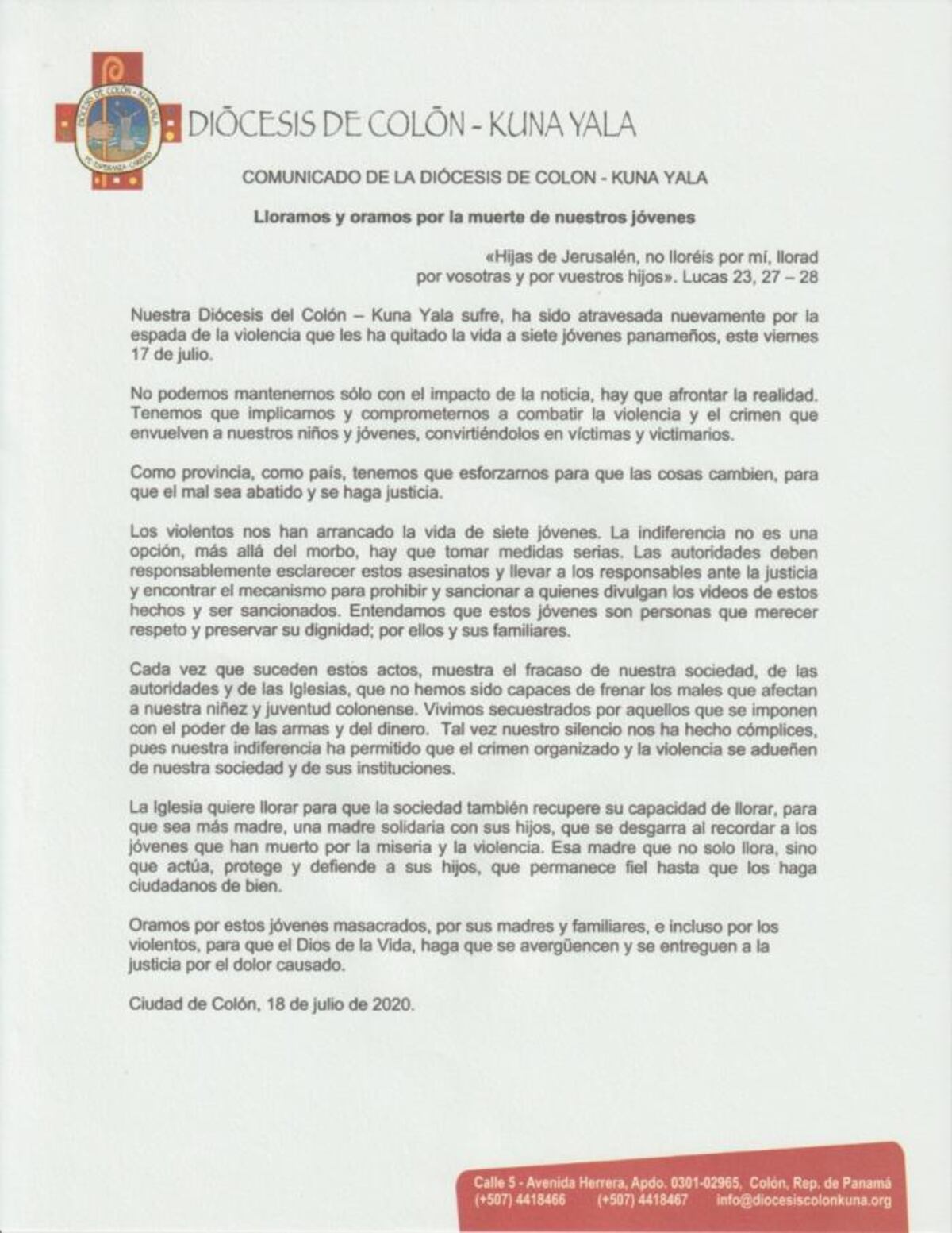 ¡Basta ya!. La Diócesis de Colón: ‘Los violentos nos han arrancado la vida de siete jóvenes’