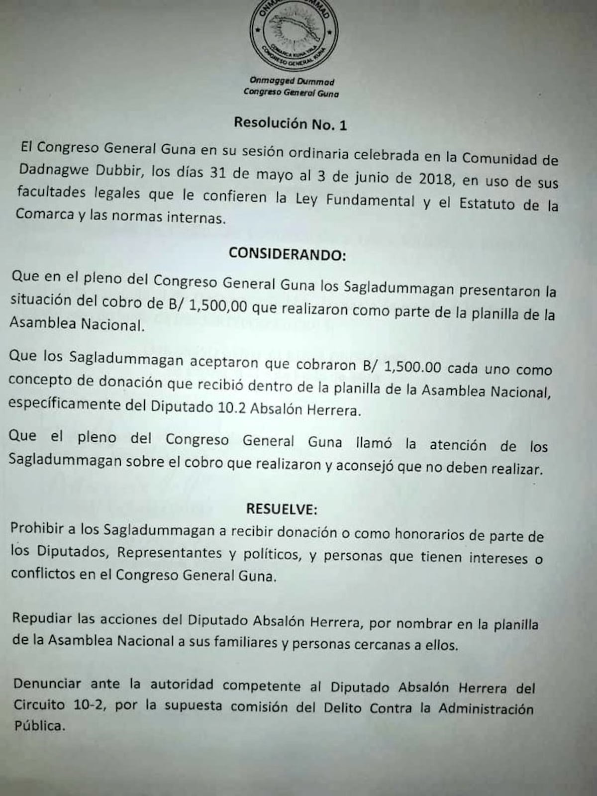 En Guna Yala consideran 'non grato' a diputado Absalon Herrera por Planilla 080