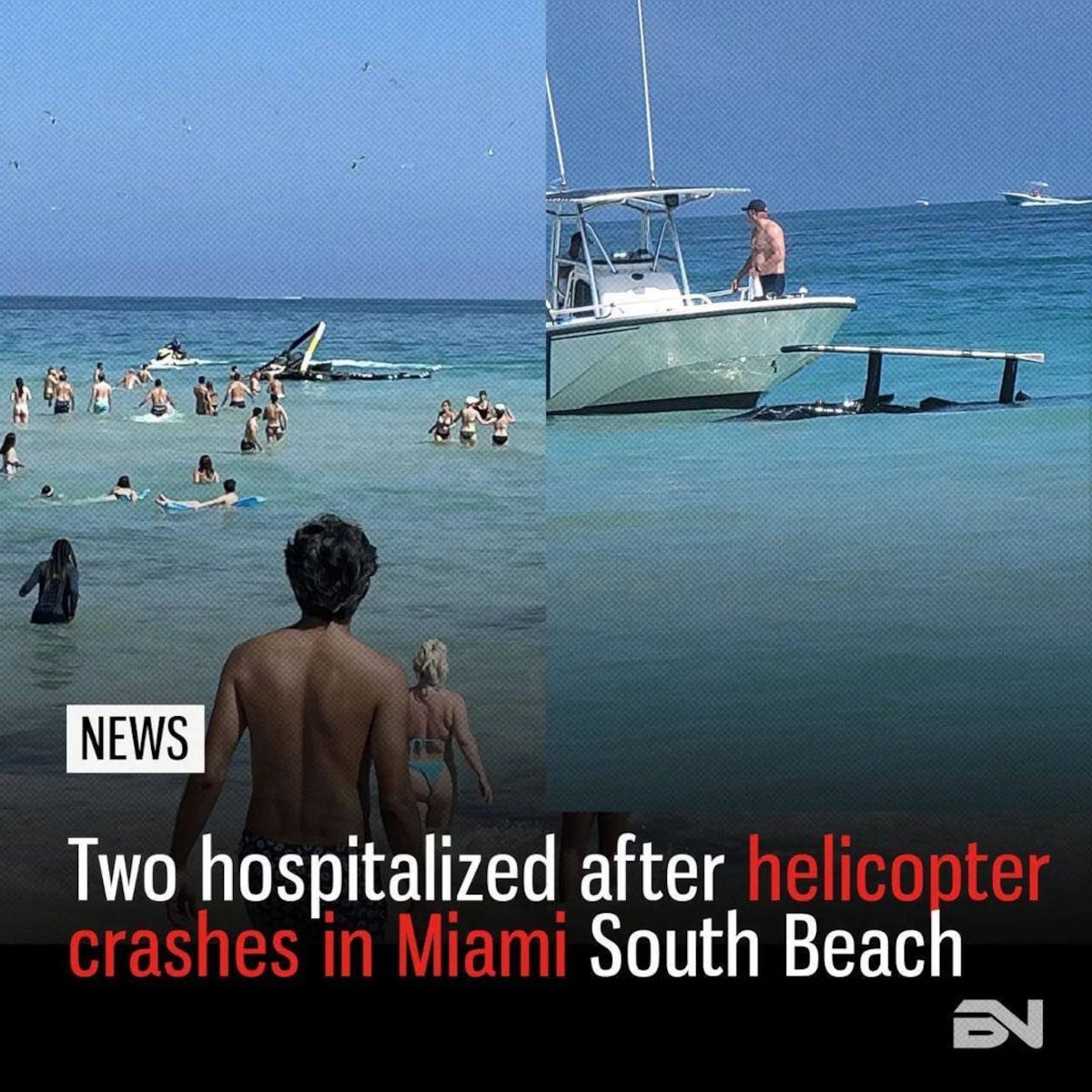 En la cara de los bañistas. Helicóptero se estrella cerca en Miami Beach