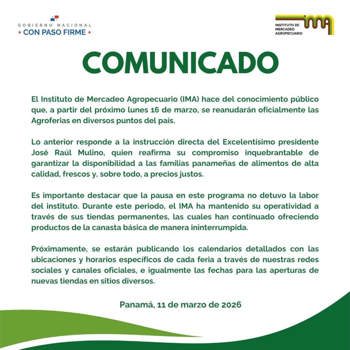 IMA anuncia el regreso de las agroferias desde el 16 de marzo tras suspensión por falta de recursos