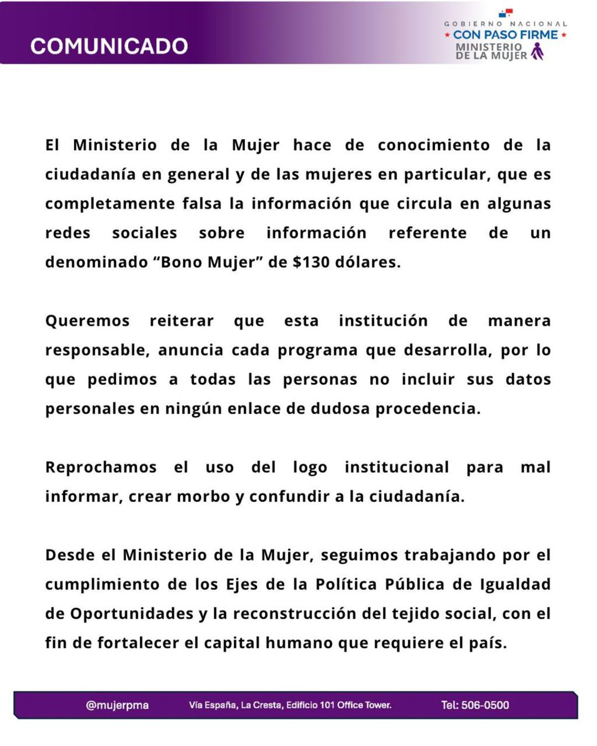 ¡Alerta! Ministerio de la Mujer desmiente supuesto ‘Bono Mujer’ de $130 que circula en WhatsApp