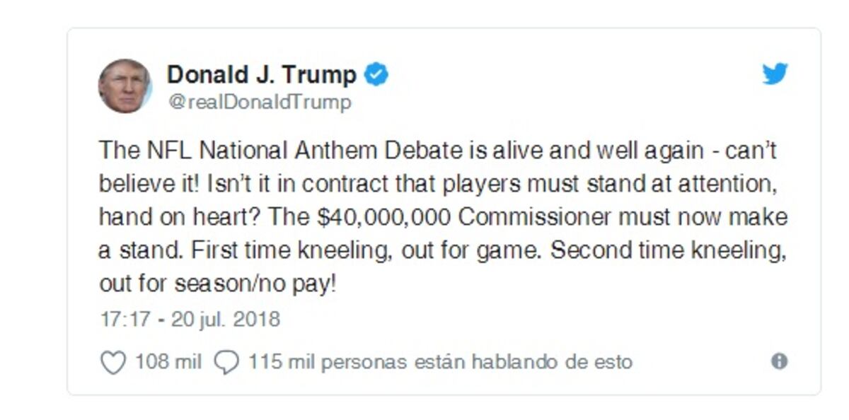 Donald Trump presiona a la NFL para que expulse a jugadores que se arrodillen