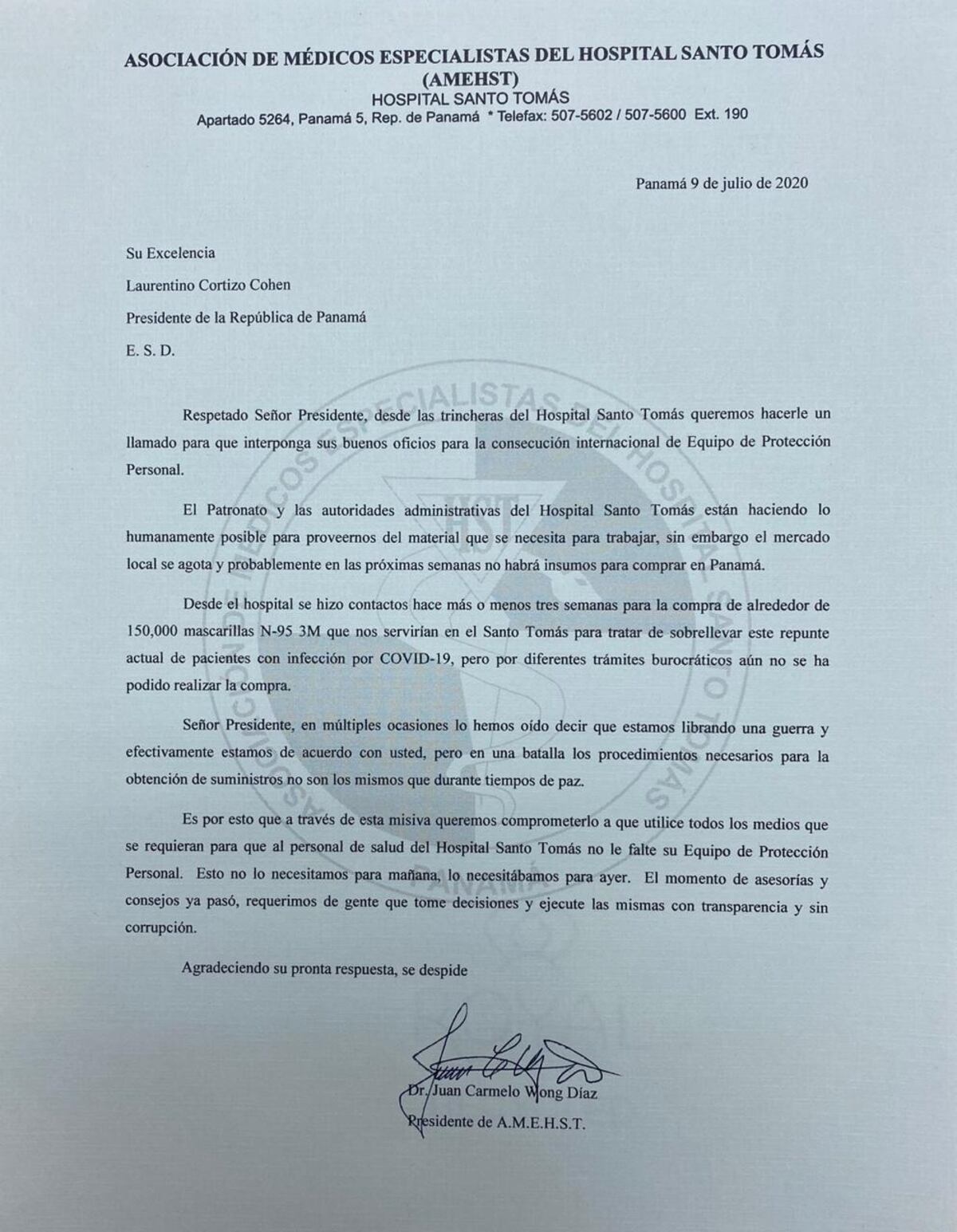 Especialistas del Hospital Santo Tomás reclaman equipos de protección personal