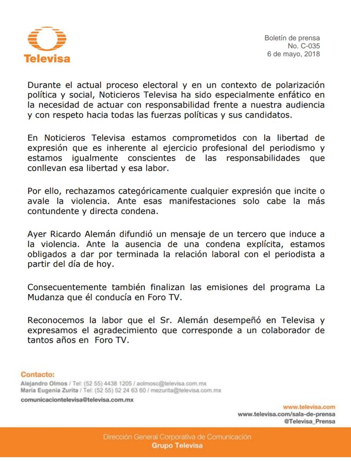Televisa despide a uno de sus periodistas insignes por incitar a la violencia