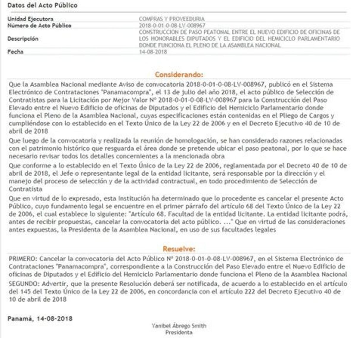 Suspenden contrataciones para construir puente en la Asamblea Nacional
