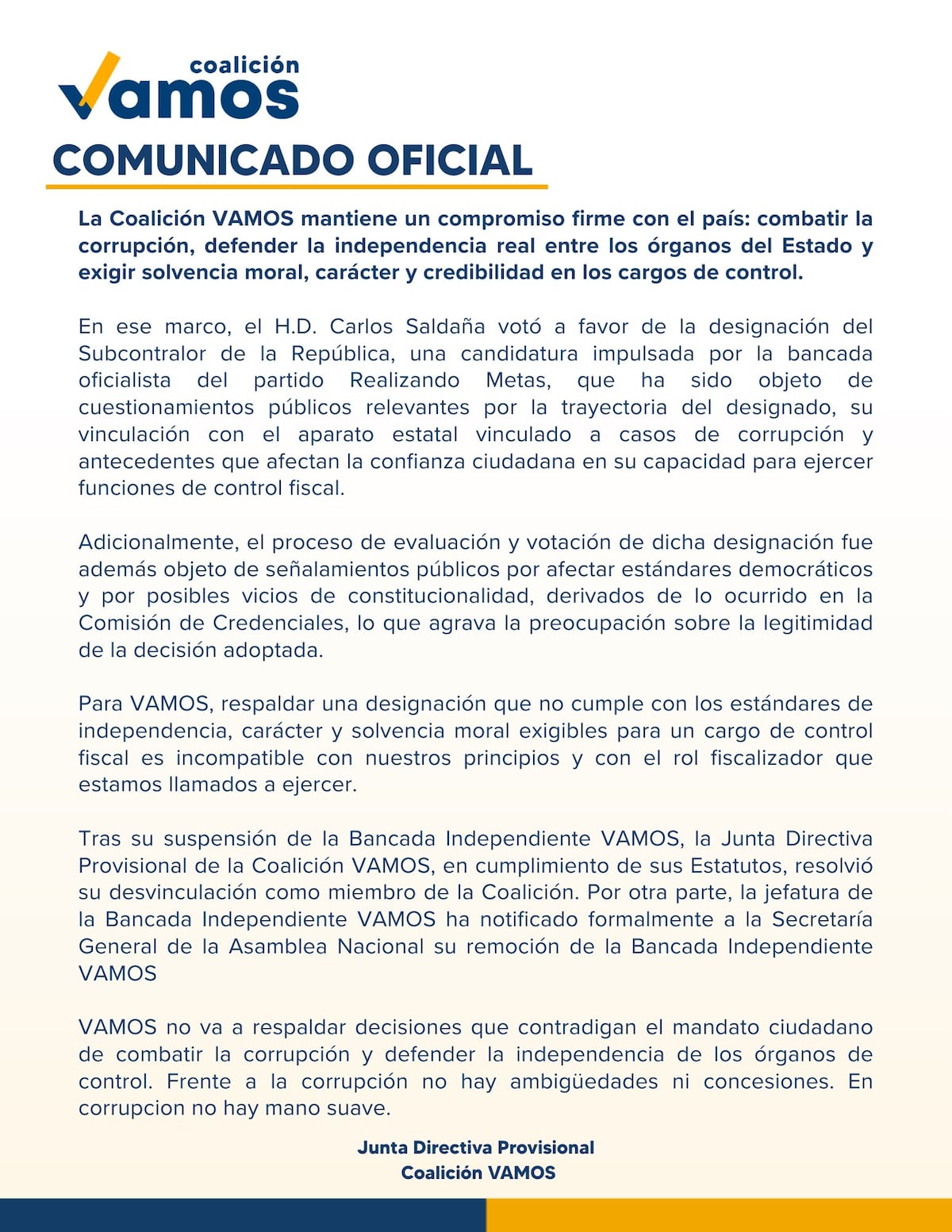Vamos expulsa a Carlos Saldaña por su voto a favor de Omar Castillo para subcontralor