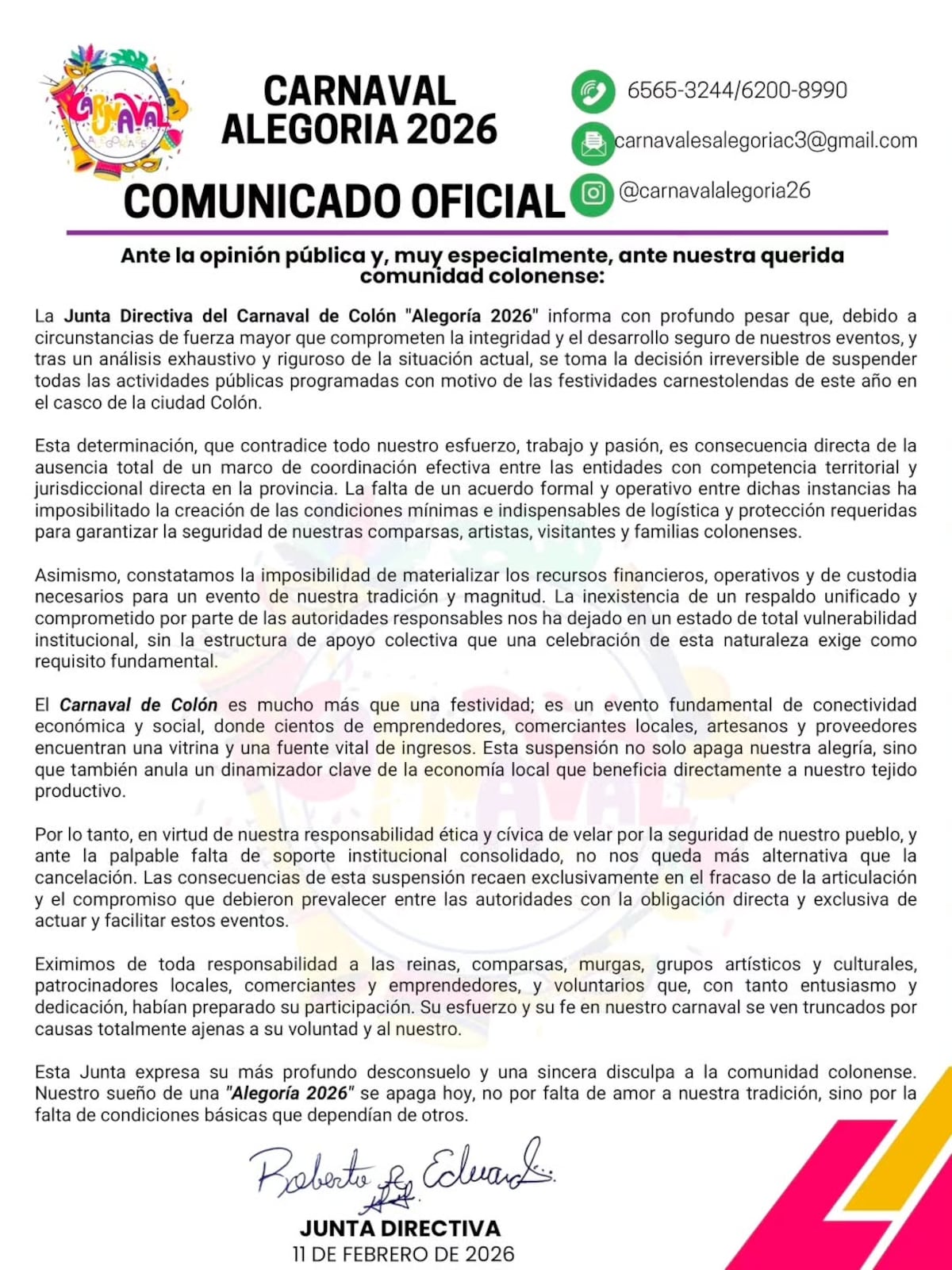 Se apagan los tambores: suspenden el Carnaval de Colón 2026