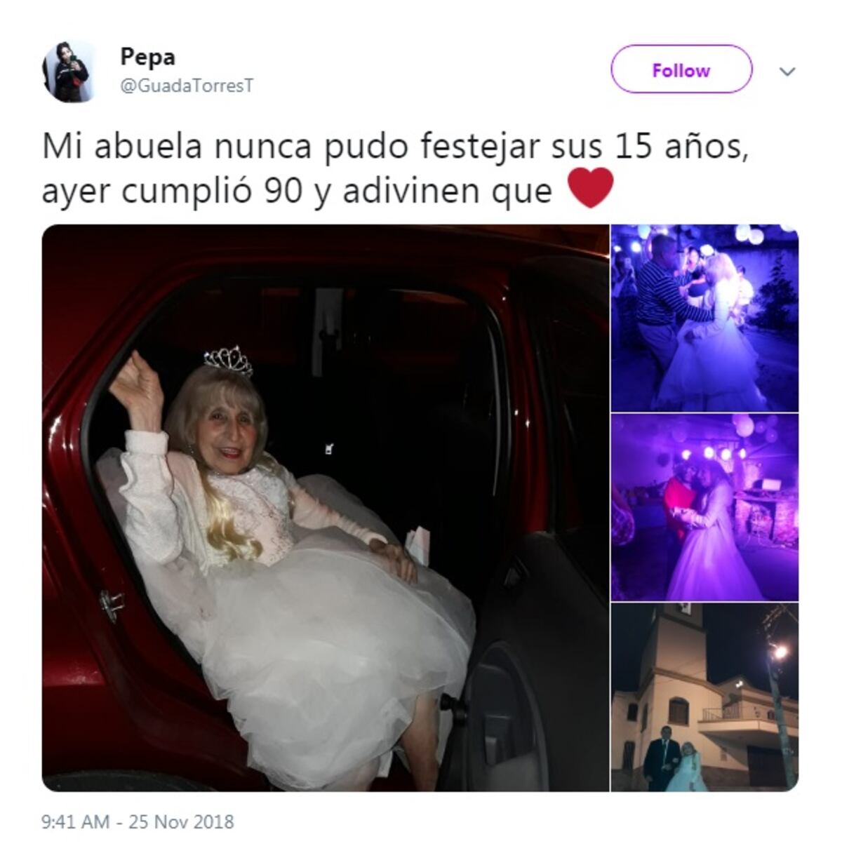 Cumple su deseo. Llegó a 90 años y para celebrarlos lo hizo como una quinceañera