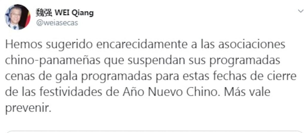 Embajador de China en Panamá pide suspender cenas y festividades por el Coronavirus 