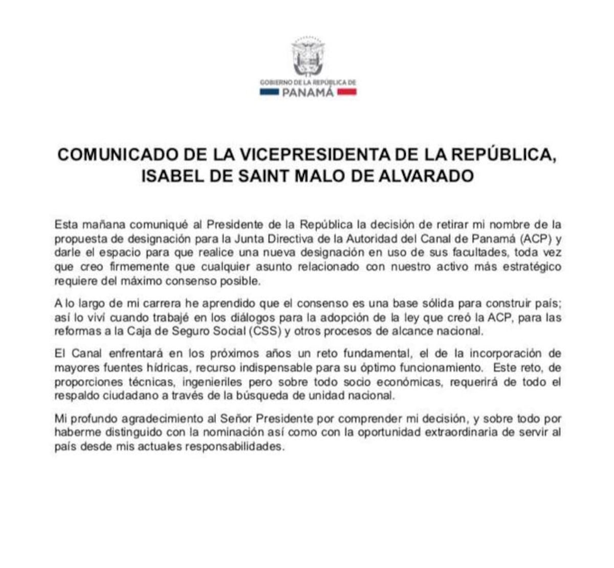 Vicepresidenta declina a ocupar puesto directivo en el Canal de Panamá