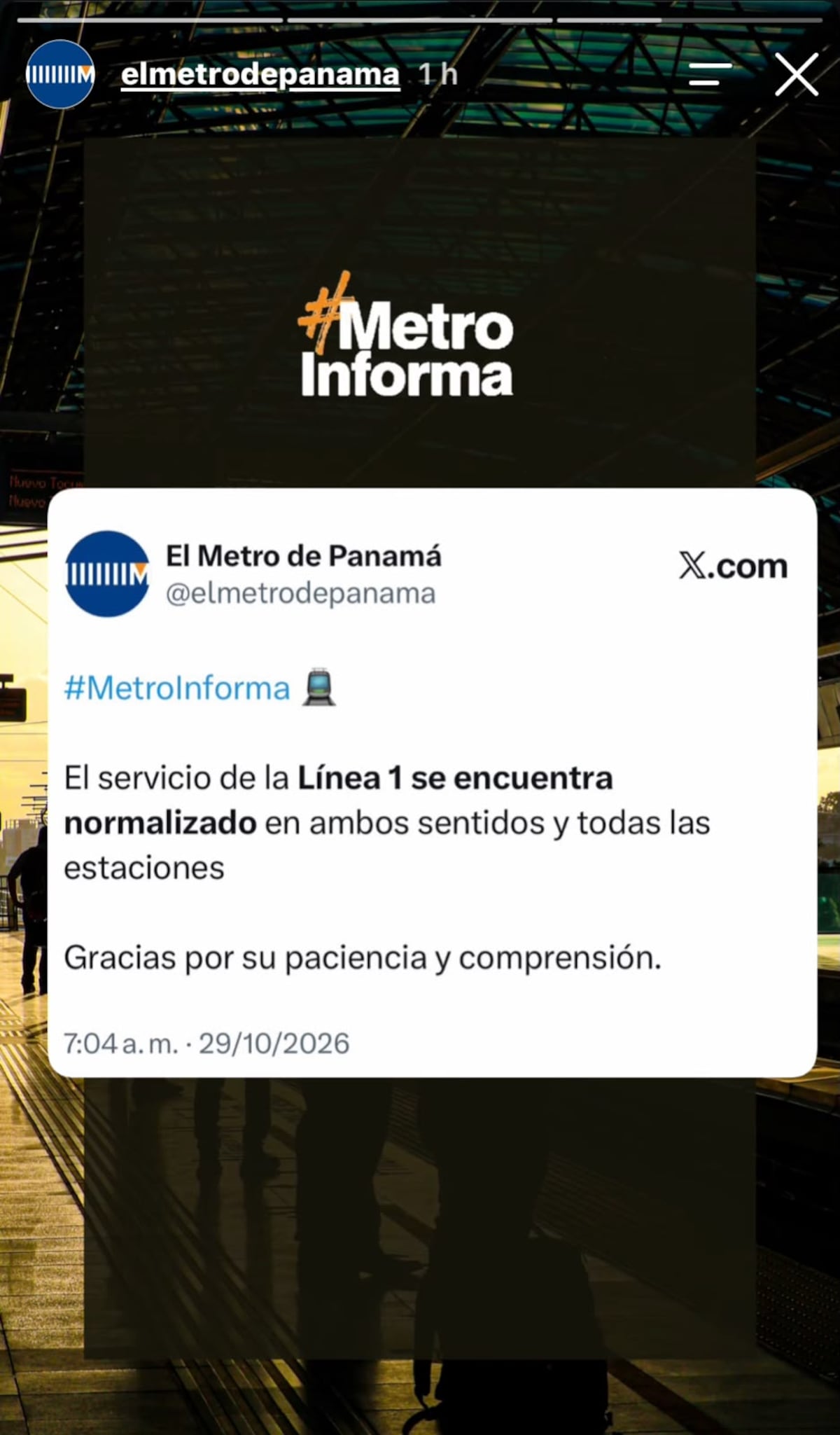 ¡Atención! Metro de Panamá anuncia que el servicio de la Línea 1 ya se normalizó tras incidencia eléctrica registrada esta mañana