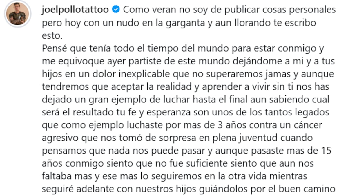 Joel ‘Pollo’ Tattoo despide con profundo dolor a su esposa tras una larga lucha contra el cáncer