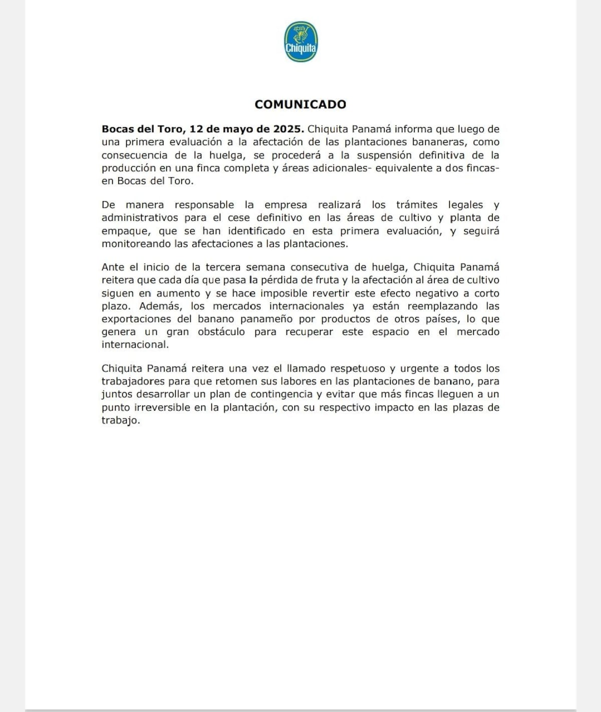 Chiquita cierra fincas en Bocas del Toro: ‘Ya están reemplazando el banano panameño’