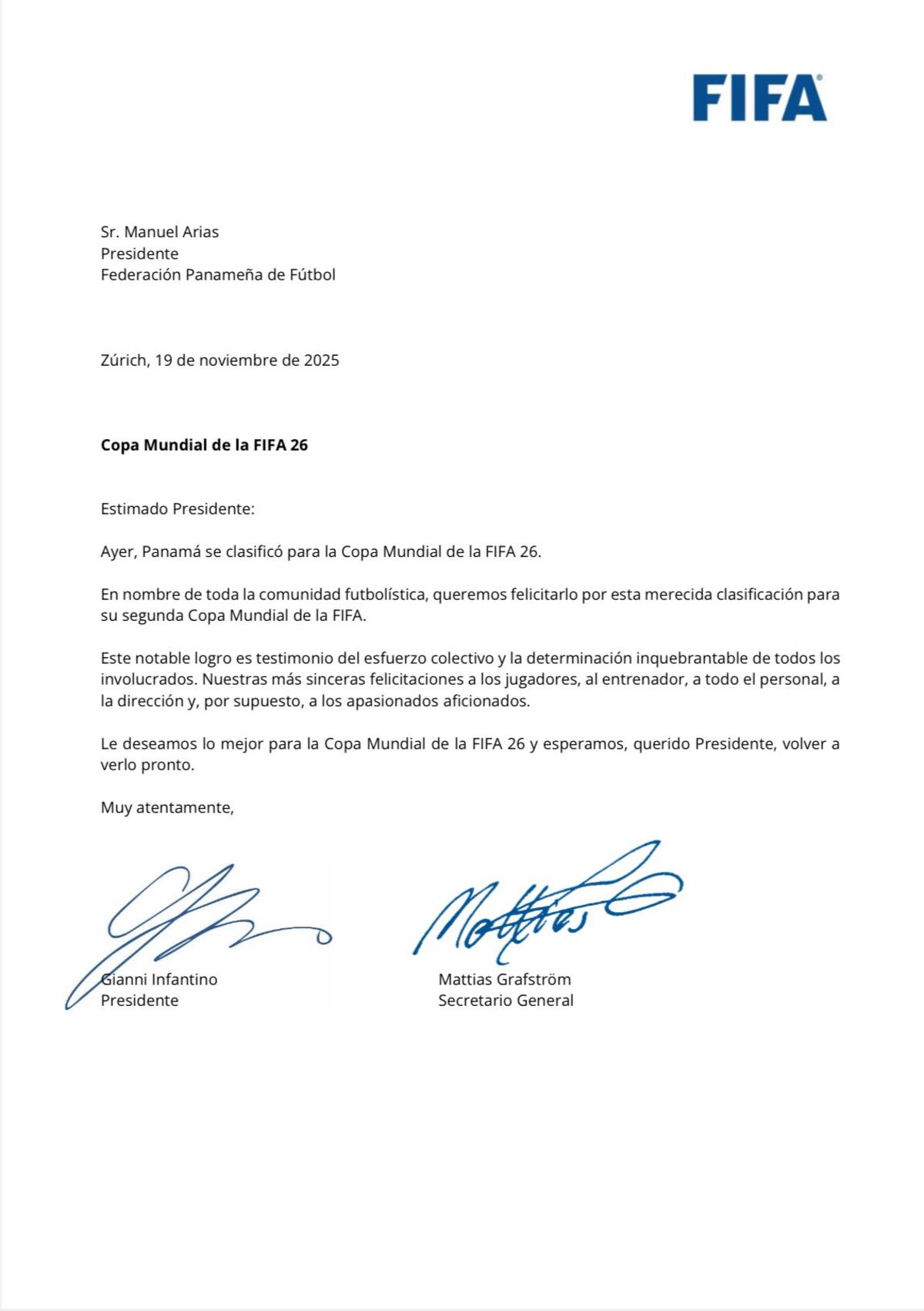 Gianni Infantino envía carta y celebra la hazaña de Panamá al Mundial