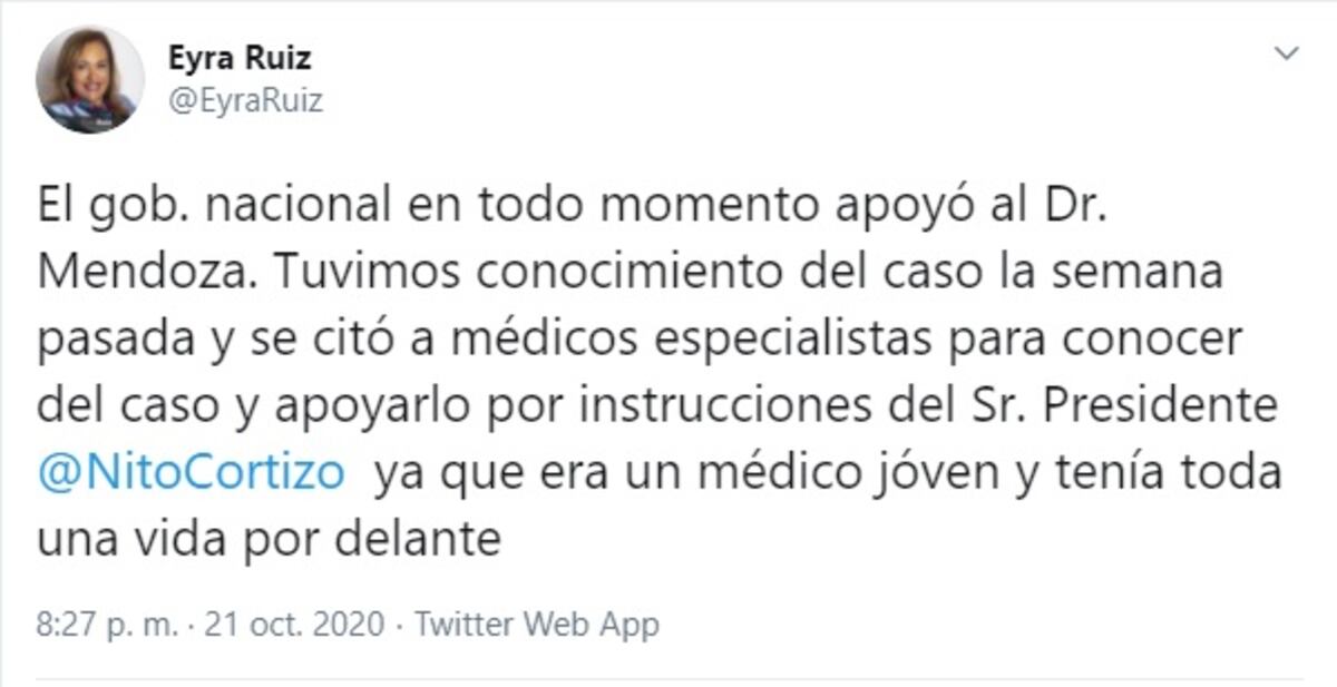 'Murió por no ser influencer’. Piden la destitución de la ministra consejera por la muerte del doctor Carlos Mendoza, contagiado de covid-19.  Necesitaba hacerse un trasplante 