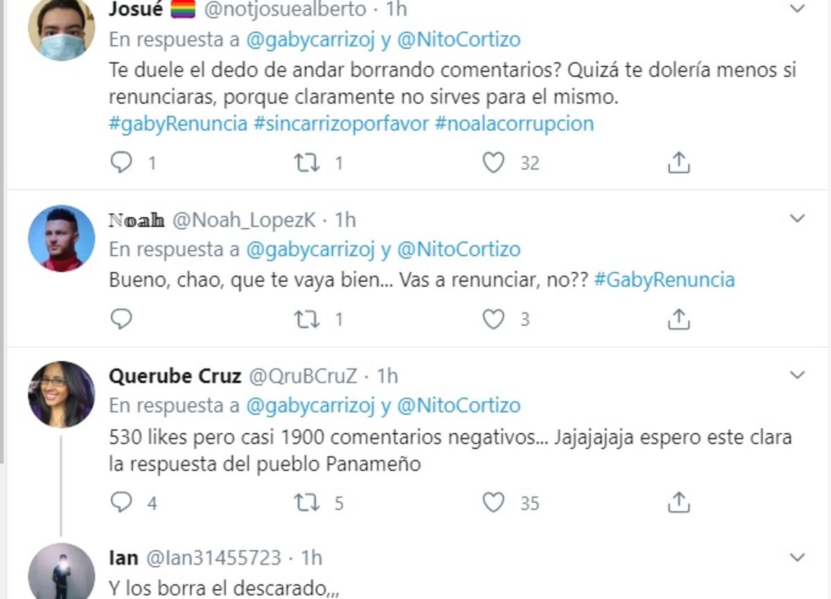 Le piden la renuncia a Gaby Carrizo en su cuenta de Twitter. Tuvo que ocultar muchos mensajes