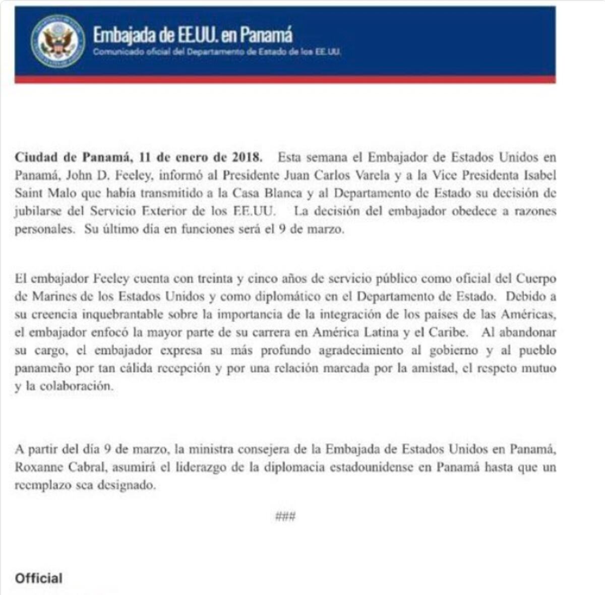 ¡ANUNCIA SU JUBILACIÓN! Embajador Feeley ejercerá funciones hasta el 9 de marzo 