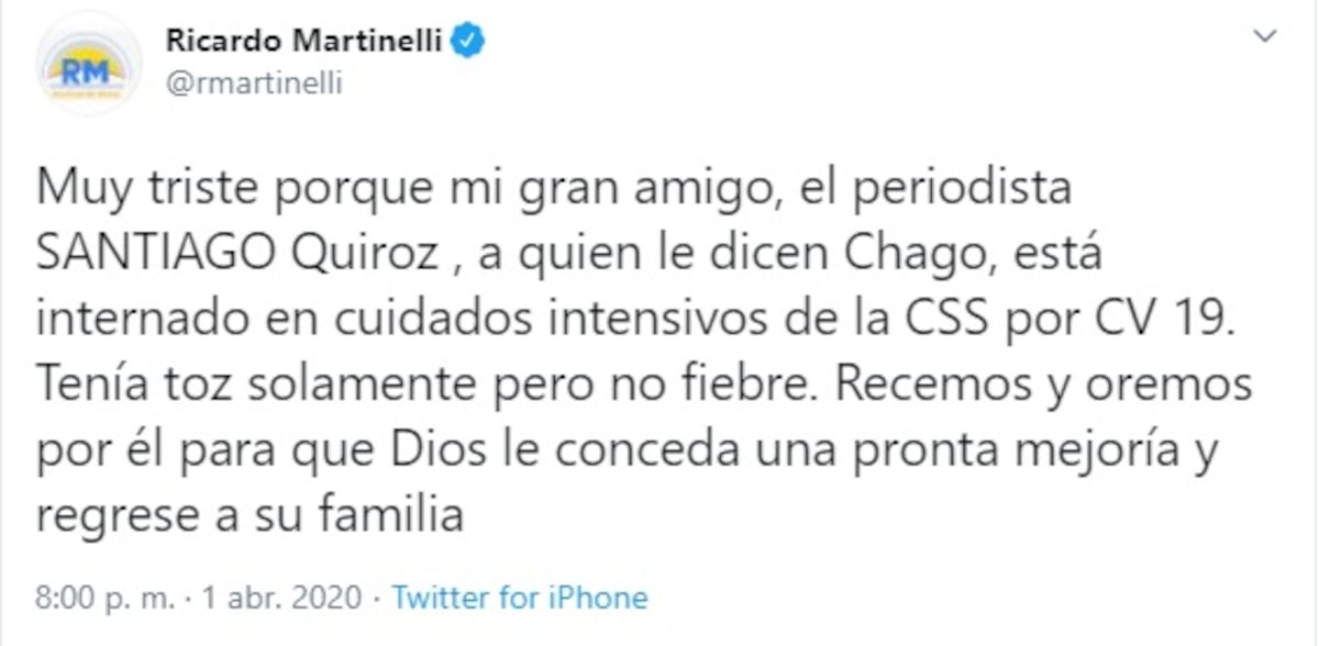 Periodista en estado delicado en cuidados Intensivos por Covid-19, confirma Martinelli