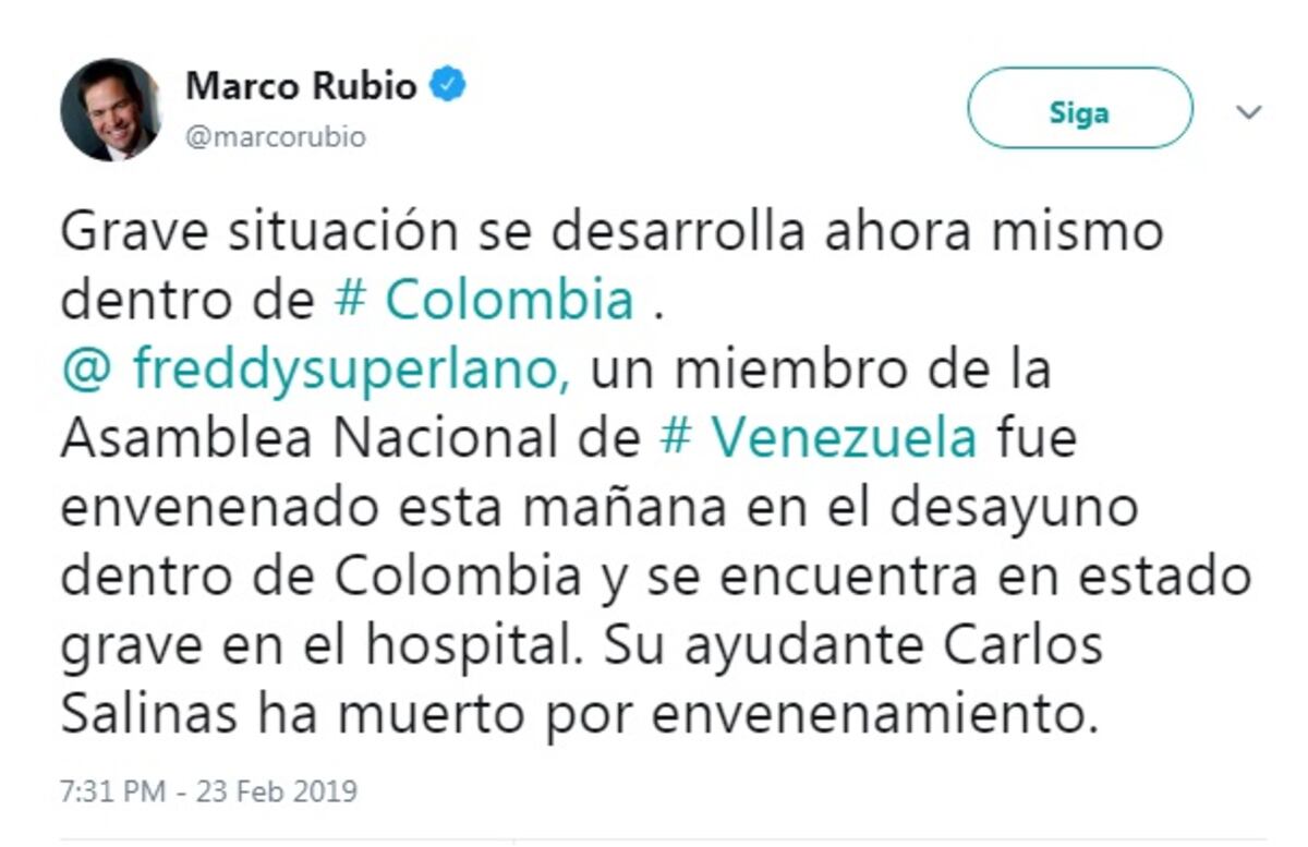 Senador Marco Rubio señala envenenamiento de diputado venezolano
