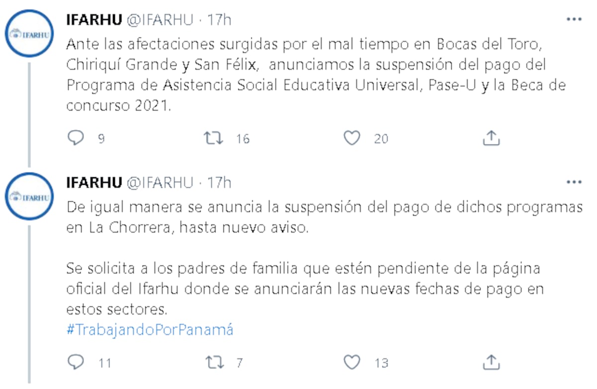 Ifarhu suspende pago de becas en Bocas del Toro, Chiriquí Grande, San Félix y hasta en La Chorrera