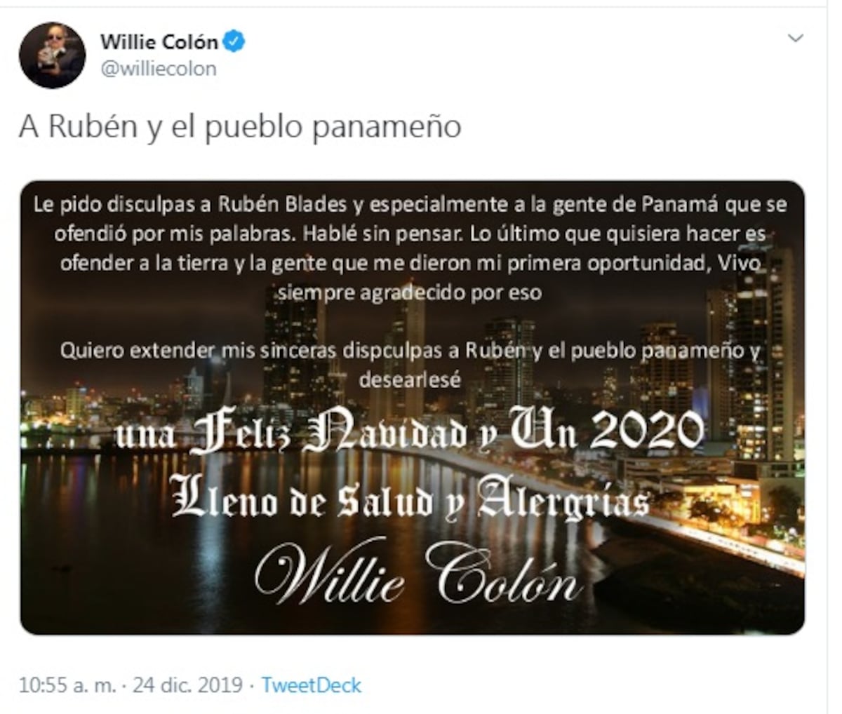 Willie Colón se disculpa con Rubén Blades y Panamá en vísperas de Navidad