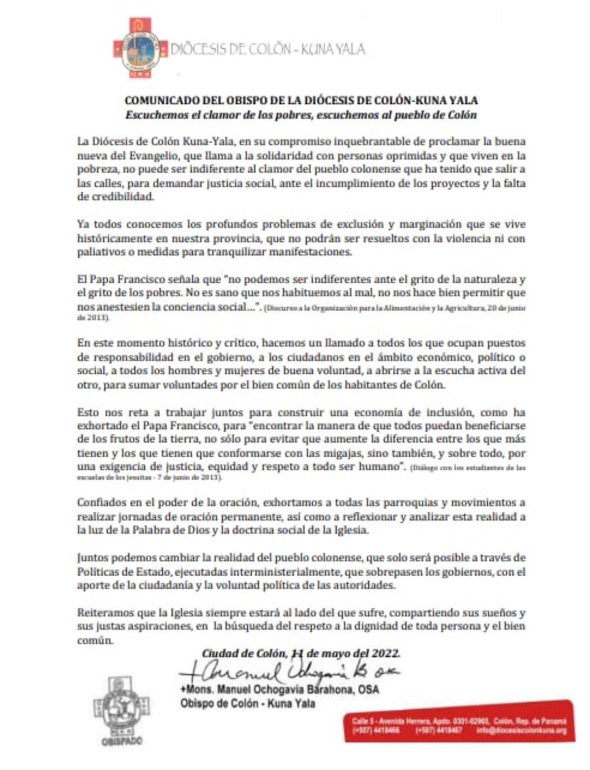 Diócesis de Colón y Kuna Yala se pronuncia ante sucesos ocurridos en esta provincia