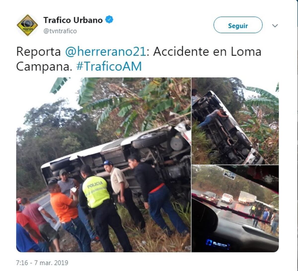 Bus se vuelca en Loma Campana