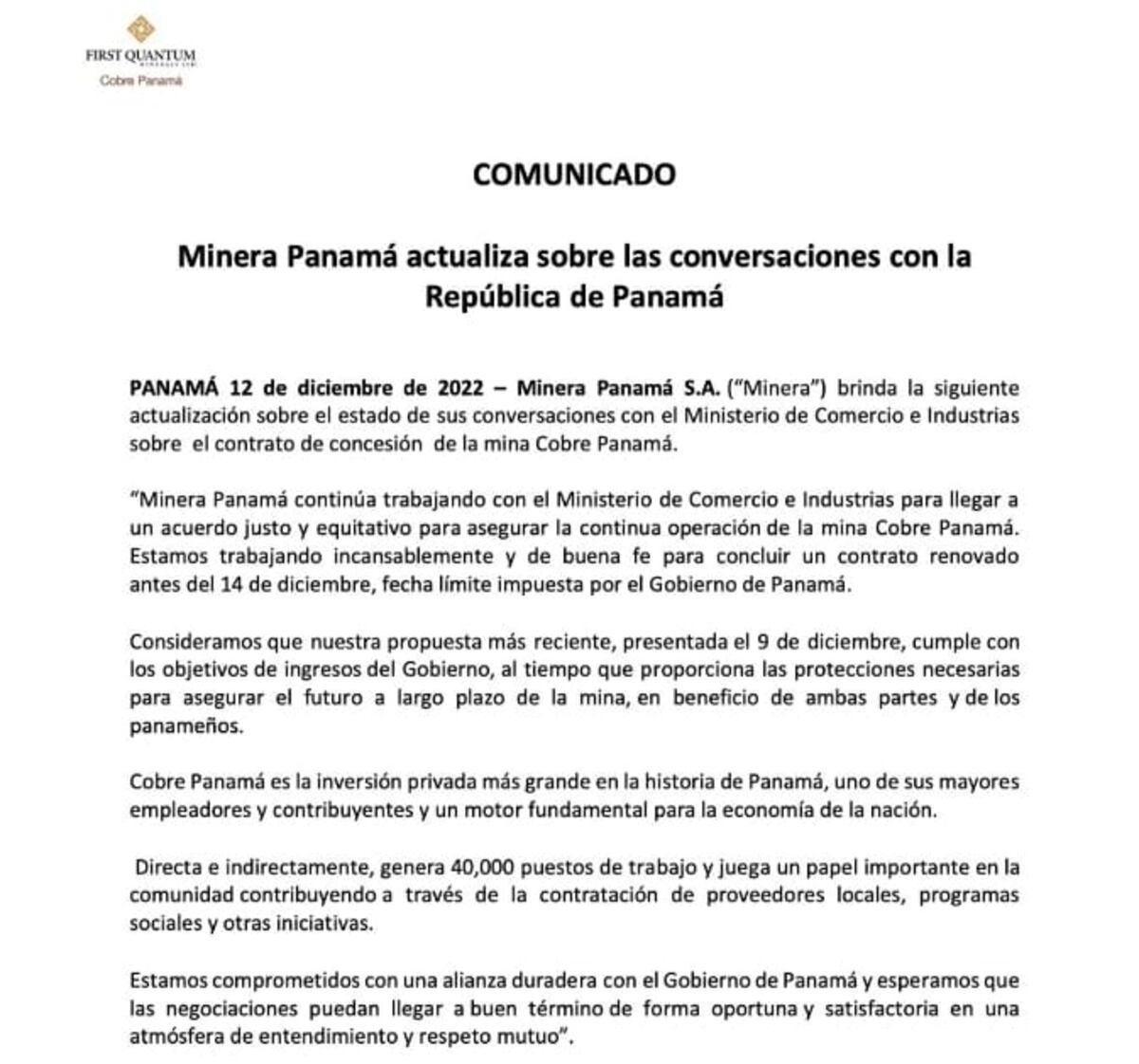 Minera asegura que trabajan ‘incansablemente y de buena fe’ para lograr acuerdo con el Gobierno
