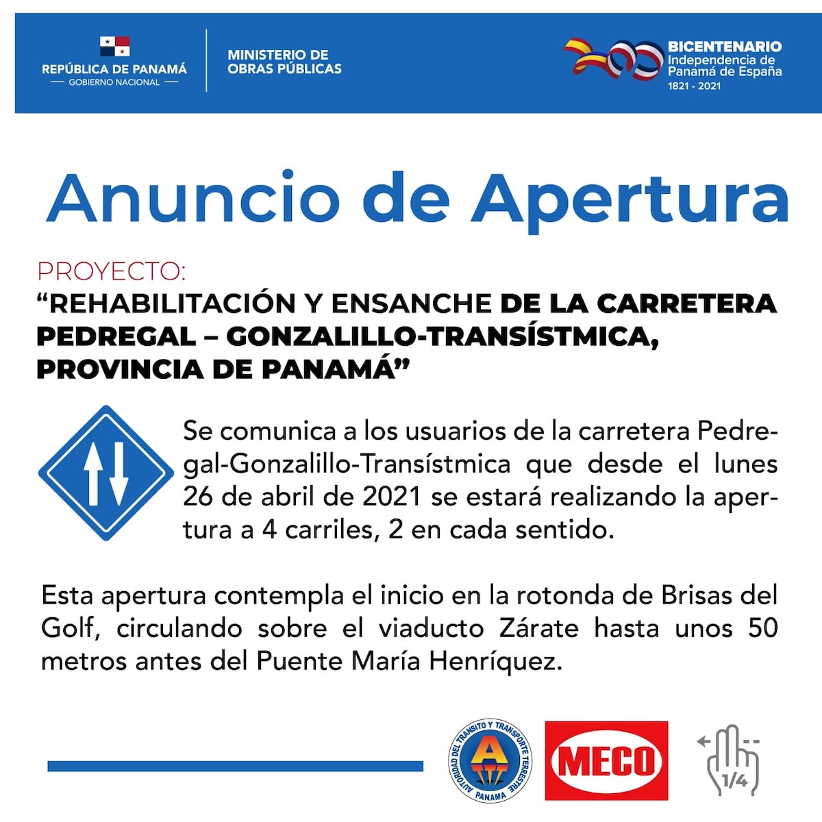 El MOP anunció la apertura parcial de la Carretera Panamá Norte. Corredor de Los Pobres habilita 4 carriles