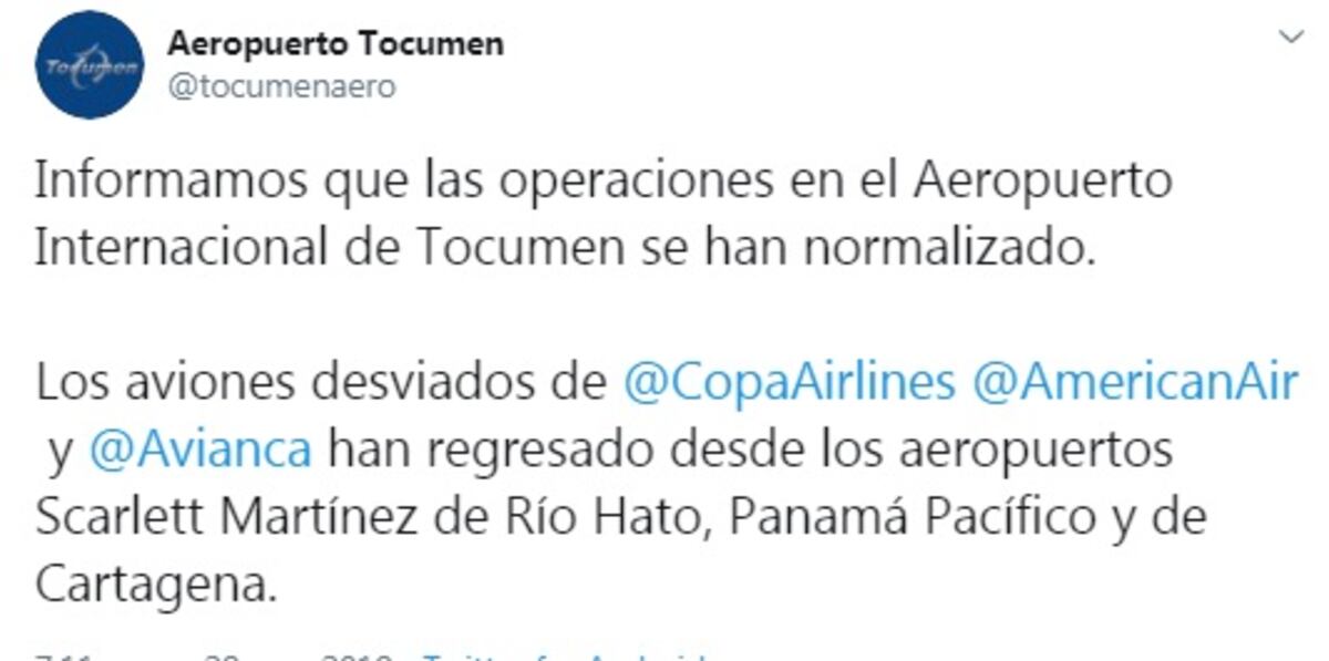 Tras tormenta, se normalizan operaciones en el Aeropuerto Internacional de Tocumen. Regresan aviones desviados