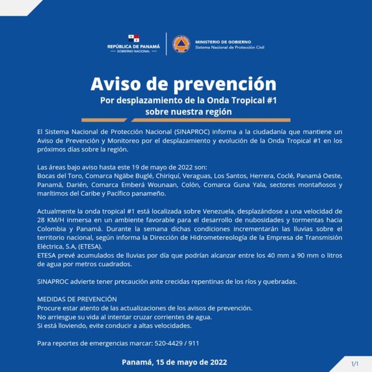 Sinaproc hace advertencia por el desplazamiento de la Onda Tropical #1