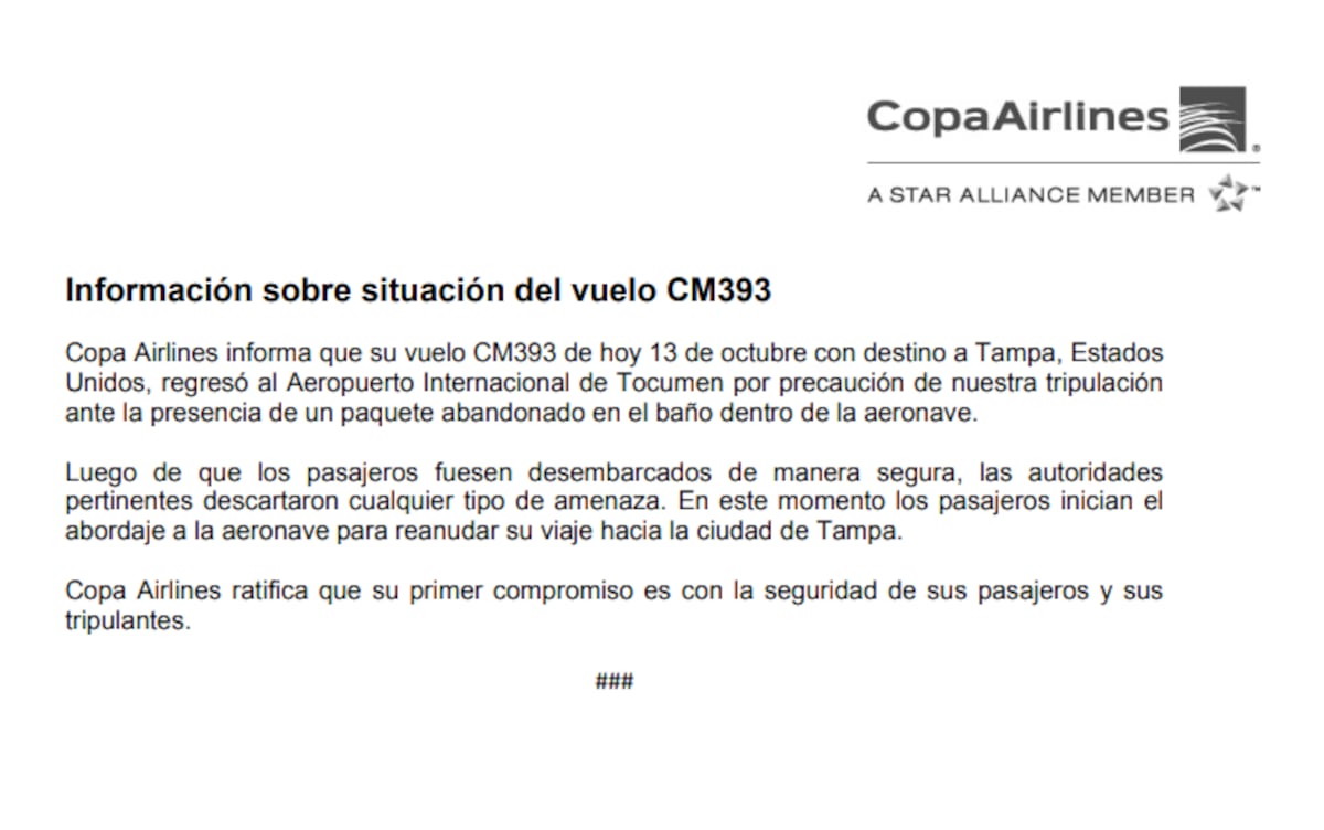 Un vuelo con destino a Tampa, Estados Unidos, retornó al aeropuerto de Tocumen y se activó el protocolo de emergencia