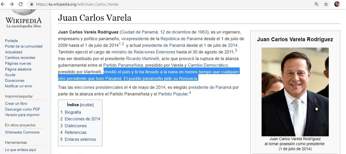 Wikipedia asegura que el presidente Varela vendió el país y le piden renuncia