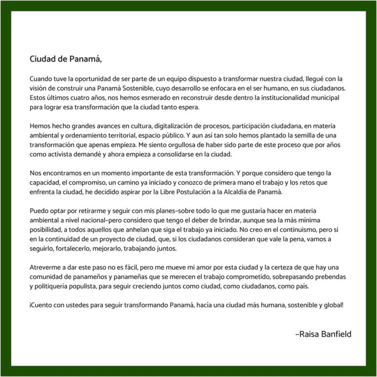 Vicealcaldesa Banfield buscará por la libre postulación la Alcaldía de Panamá