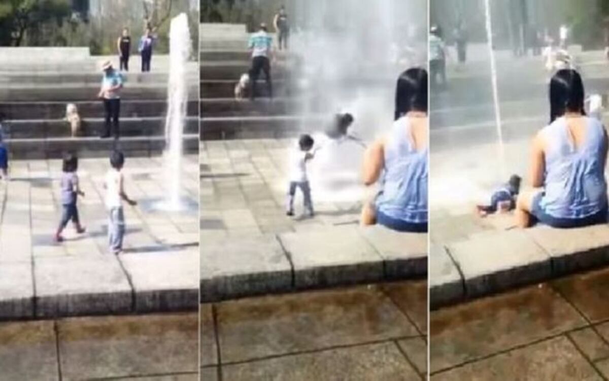 VIRAL. Niña sale disparada por el agua al jugar en una fuente, CUIDADO