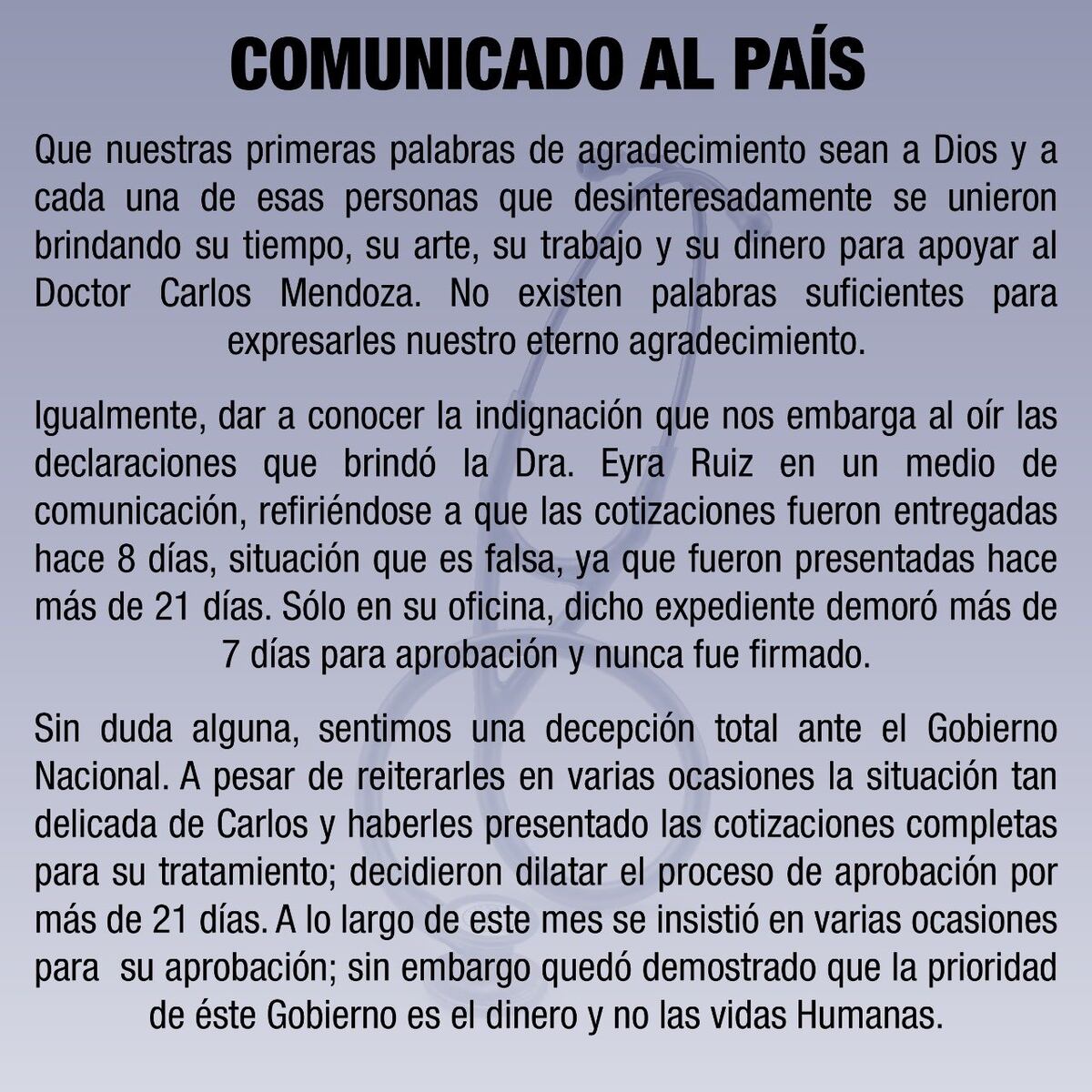 'Murió por no ser influencer’. Piden la destitución de la ministra consejera por la muerte del doctor Carlos Mendoza, contagiado de covid-19.  Necesitaba hacerse un trasplante 