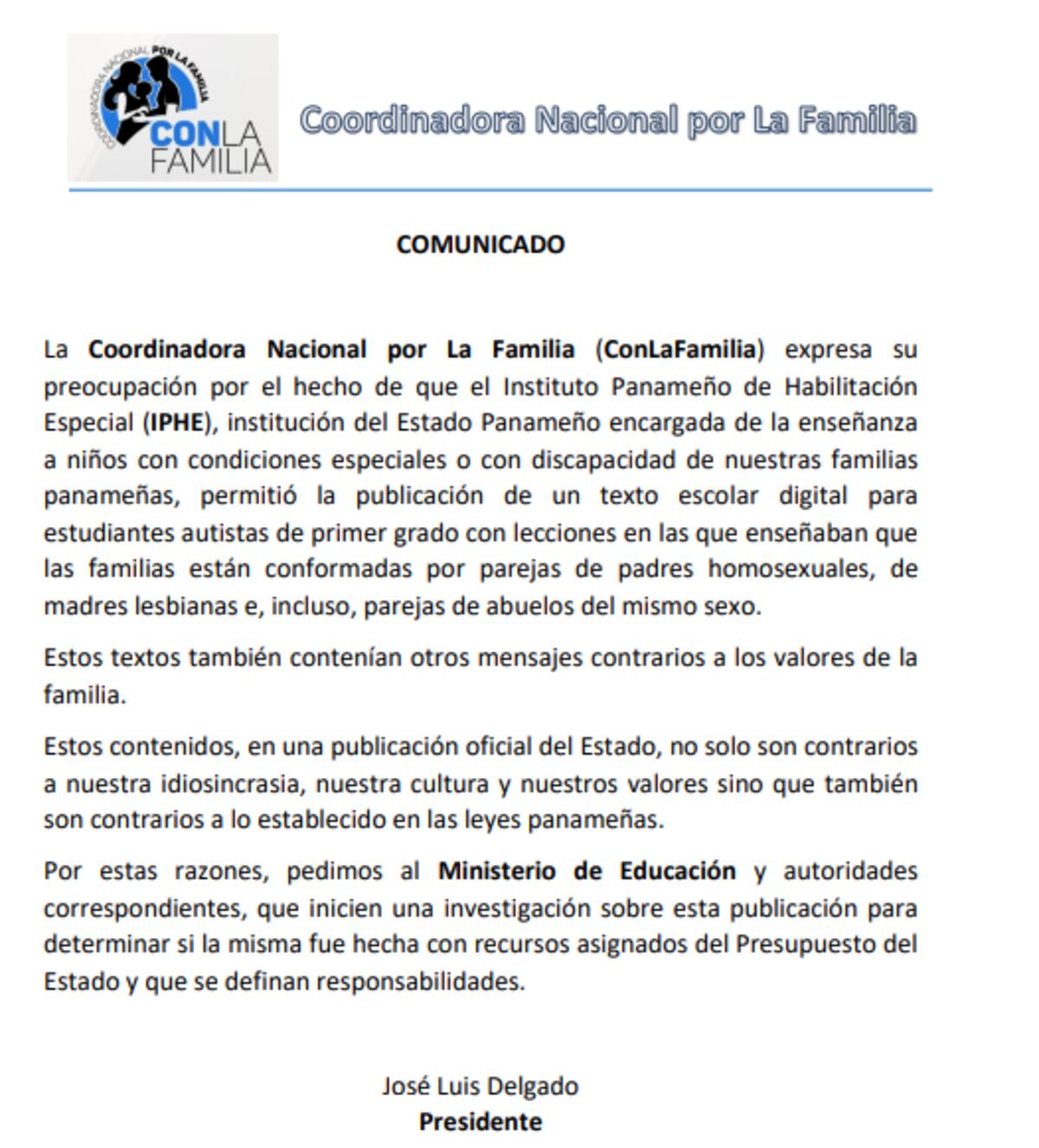 ConLaFamilia se pronuncia por texto escolar para estudiantes autistas con lecciones que enseñan a las familias LGBTQ+